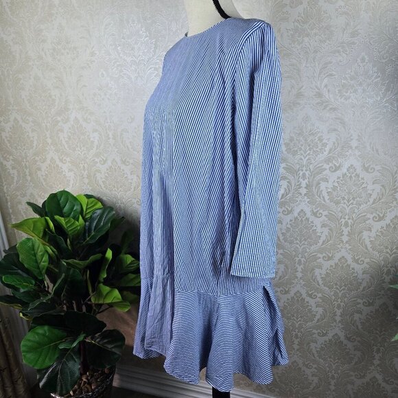 Zara Trafaluc Collection Sz XL Blue White Striped Dress Exposed Back Zip Ruffle - Picture 6 of 12
